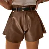 Kvinnors shorts kvinnor läder shorts pu läder fast färg mitt midja lösa korta byxor med fickor för flickor svart khaki 230509