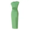 カジュアルドレスPuloru Office Lady Green Ribbed Bodycon Midi Dress Summer Neeeereless Round Neck Twist Front Cutout RappedSplit