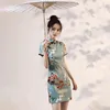 Ethnische Kleidung Retro Junge Mädchen Drucken Blume Cheongsam Moderne Qipao Elegante Frauen Mini Sexy Qi Pao Vestidos Chinesisches Stehkragenkleid
