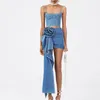 Tvådelt klänning Prepomp Summer Rose Blue Denim Wrap Hip Half kjol Kvinnor Asymmetrisk Y2K ärmlös Camis Crop Top Set GH900 230509