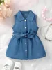 Girl Dresses Toddler Baby Denim Dress Sleeveless Lapel Collar Button Down Belted Shirt