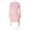 Robes de soirée rose à manches longues Mini robe femmes mode fleur moulante robe courte été solide o-cou Club robes de soirée 2023 tenues de vacances Y23