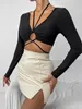 Serbatoi da donna Camis Y2k Sexy Plain Halter Lace Crop Top Pullover a maniche lunghe da donna Vestibilità regolare Stretch medio Increspato Incrociato Tie Back Tee Z0510