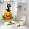 Tende Gatto e zucca Halloween Tende da doccia Festival Decorazione del bagno Set di tappetini per tende da bagno Tappeti morbidi in poliestere Moquette WC