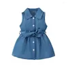Girl Dresses Toddler Baby Denim Dress Sleeveless Lapel Collar Button Down Belted Shirt