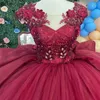 Red O Neck Sweet 16 Quinceanera Dress 2024 Sparkly Lace Appliques Sequins 3D Flowers Princess Ball Gown Vestidos De 15 Anos