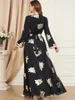 QNPQYX New Ramadan Abaya for Women Printed Long Sleeve Moroccan Kaftan 2 Piece Dubai Gulf Jalabiya Muslim Sets Arabic Evening Dresses Black