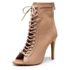 Sandals Woman Beige Black Latin Dance Bootie Open Toe Lace Up Stiletto for Girls Suede Sole High Heel Boots Shoes 230509