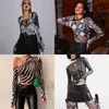 TShirt da donna 2023 Fata Grunge Camicia Basic Mesh Print Top Donna Gothic Punk Magliette E Girl Slim T-shirt manica lunga Streetwear Cyber Y2k Top 230510