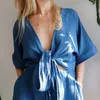 Kvinnors tshirt 100 Cotton Women Retro Summer Muslin Boho Wrap Top med Kimono ärmar Casual Double Gaze Vneck Blue 230510