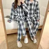 Women's Sleepwear Couple Lovers Plaid Print Autumn Pajamas Set Women Cotton Loose Vintage Harajuku Home Clothes Homewear Casual