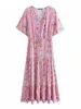 Jurken Vintage Chic Women Pink Floral Print Sleeve Beach Boheemse Rayon Maxi Dresses Ladies V Neck Button Tassel Boho Dress Vestidos