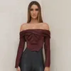 Camicette da donna Camicia con spalle scoperte Corsetto in raso Top Manica lunga Scollo a barchetta Camicie eleganti rosso vino Top senza schienale sexy Ritagliata 230510