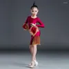 Stage Draag Latijnse dansjurk Red Red Long Sheeves Fringe for Girls Cha Rumba Competition Costume BL6924