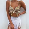 Tute da donna Set di due pezzi con paillettes lucide Cinturino per spaghetti Donna Reggiseno con strass Crop Top Nappa Catena in vita Performance di danza latina 2 pezzi