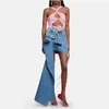 Two Piece Dress PREPOMP Summer Rose Blue Denim Wrap Hip Half Skirt Women Asymmetric Y2k Sleeveless Camis Crop Top Set GH900 230509