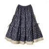 Röcke Sweet Mori Girl Cottagecore Rock Print Flower Hollowed Lace-up Bottoms Petticoat With Lace Long Midi Women Elastic