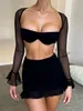 Robe deux pièces wsevypo Sexy TwoPiece Mesh Sets Women See Through Clubwear Matching Long Sleeve Crop TopsRuffle Trim Mini Jupes 230509