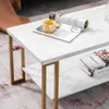 Faux marmor topp soffbord med guldmetallram, 2 nivå rektangulärt tebord för vardagsrum, kontor, balkong, vit