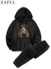 Herrspårar björn mönster hooded hoodie bomull fluffiga tröjor med byxa set balk fötter svettbyxor pullover kostymer 230509