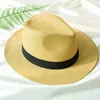 Chapeaux à large bord seau HT2261 été pour hommes femmes paille Panama solide plaine plage avec bande unisexe Fedora chapeau de soleil 230509