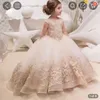 champagne manica lunga ragazze di fiori abiti in pizzo applique sweep treno principessa bambine abiti da ospite occasione di nozze