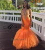 Atemberaubendes orangefarbenes schwarzes Mädchen-Abschlussballkleid mit applizierter Spitze, elegantes Langarm-Meerjungfrau-Formalkleid, Abendgarderobe, Zeremonie, Geburtstagsfeier, Sweet 15, Vestido de Noche 2023