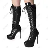 Olomm Neue Frauen Winter Plattform Knie Stiefel Patent Leder Stiletto Heels Runde Kappe Ziemlich Weiß Party Schuhe Plus UNS Größe 5-20