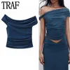 Женские танки Camis traf asymmetric top top Женщины, вырванные с плеча женская рукавов сексуальная женщина, женщина модная уличная одежда Summer S 230509