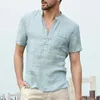 Camisetas masculinas 2023 linho de manga curta Men de colar de colarinho Henley