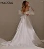 Hochzeitskleid MULOONG Weißes, trägerloses, volles Puffärmel-Faltenkleid, elegantes, rückenfreies A-Linien-Kleid mit hohem Schlitz und bodenlangem Sweep-Zug