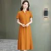 Sıradan Elbiseler Vintage V yaka Kadın Zarif Kısa Kollu Orta Kalf Gevşek Elbise Kırmızı Düz ​​Renk Yaz Sundress
