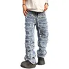 Mäns jeans individualiserade patch jeans män och kvinnors amerikanska high street hiphop stekt gata tiggare byxor blå lös liten publik mopping z0508