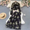 Two Piece Dress Chiffon Sundress with Pleated Skirt Long Sleeve Shirts Sets 2 Floral Summer Lace Up Top Suits Holiday Women Clothes 230509