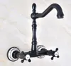 Kitchen Faucets Basin Faucet Swivel Double Handle Dual Hole Wall Mount Bathroom Sink Cold And Water Mixer Tap Black Oil Brass Dnf462