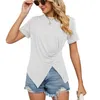 Camiseta feminina verão dividir a bainha de cor sólida mulheres pregas elegantes splicing o colar de pescoço Tops femininos urbanos casuais soltos 230510