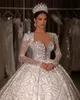 Luxury Ball Gown Wedding Dresses Long Sleeves V Neck Sequins Applique 3D Lace Ruffles Bridal Gowns Pearls Diamonds Formal Dress Plus Size Custom Made Vestido de novia