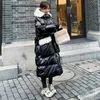 Women's Trench Coats 2023 Cotton-padded Jacket Women's Winter Long Thick Hooded Parka Korean Loose Glossy Lambswool Splice Snowfield