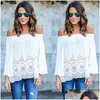 Women'S T-Shirt Womens White Lace Chiffon T Shirts Casual Loose Sexy Off Shoder Long Sleeve Tops Boho Er Up S2Xl Drop Delivery Appar Dhkkj