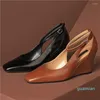 Dress Shoes Sexy Mary Janes Women's Genuine Leather Pumps Square Toe Wedge Heel Slip On Wedding Party 34-42