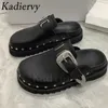 Slippers New Black Thick Sole Slippers Women Genuine Leather Metal Decoration Flat Mules Shoes Woman Summer Slides Modern Slippers Woman Y23
