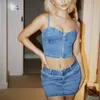 Tvådelt klänning kvinnor streetwear låga snittband bustier skörd topsmini bodycon kjolar klubb set sommar blå denim bitar kjol set 230509