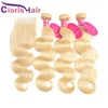 Платиновая блондинка Wavy Human Weave Weave 3 пучков с кружевным закрытием #613 Body Wave Brazilian Virgin Blond Extension