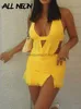 Two Piece Dress ALLNeon Rave Outfits 90s Clubwear Deep V Yellow Co-ord Suits Y2K Party Backless Halter Tops Ruched Ruffles Skirts 2 Piece Sets T230510