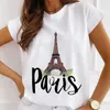 Women's T-Shirt Women Tees Tops Summer Paris Tower Perfume Flower Print Ladies Casual T-Shirt Loose Short-Sleeved White Basic Tshirts P230510