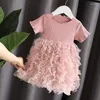 Meisjesjurken babymeisjes zomerjurk rond nek pullover korte mouw korte mouw tule patchwork kinderen gelaagde zoete casual kinderen kleding