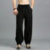 Active Pants Men Tai Chi Yoga Pant Linen Wide Leg Loose Harem Sweatpant Bloomers Kungfu Martial Arts Casual Jogger Running Workout Track