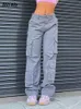 Женские штаны Capris Summer Womens Vintage Grey Cargo Bants Высокая талия с широкими джинсами. Джинсы с масштабами. Случайная мода несколько карманов мама хип -хоп -стрит стиль 230510