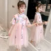 Girl Dresses Teenage Floral Dress zomer Zomer Korte mouw Kinderen Hanfu Girls Cheongsam Chinese stijl Kleding