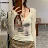 T-Shirt Femme Karrram Style Coréen Haut En Maille Femmes Tie Dye Imprimé Voir À Travers T-shirt Sexy Slim Translucide Tops Transparents Grunge T-shirts Japonais 230510